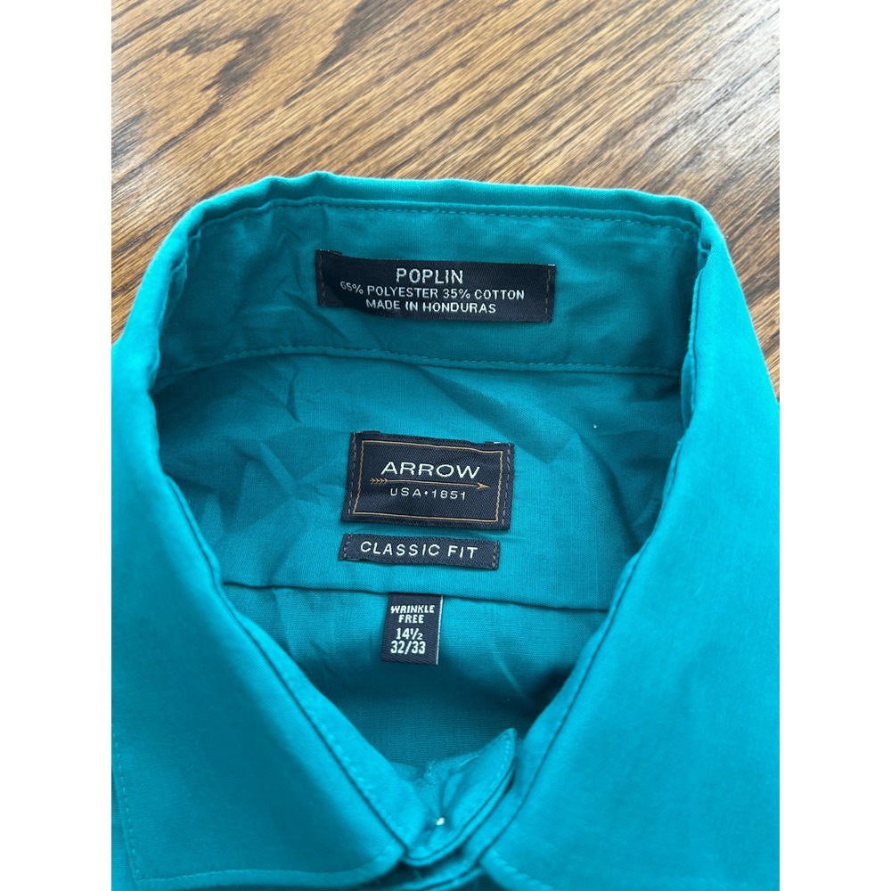 Arrow Mens Teal Blue Poplin Dress Shirt Classic Fit Wrinkle Free 14.5 32/33 - Picture 2 of 6
